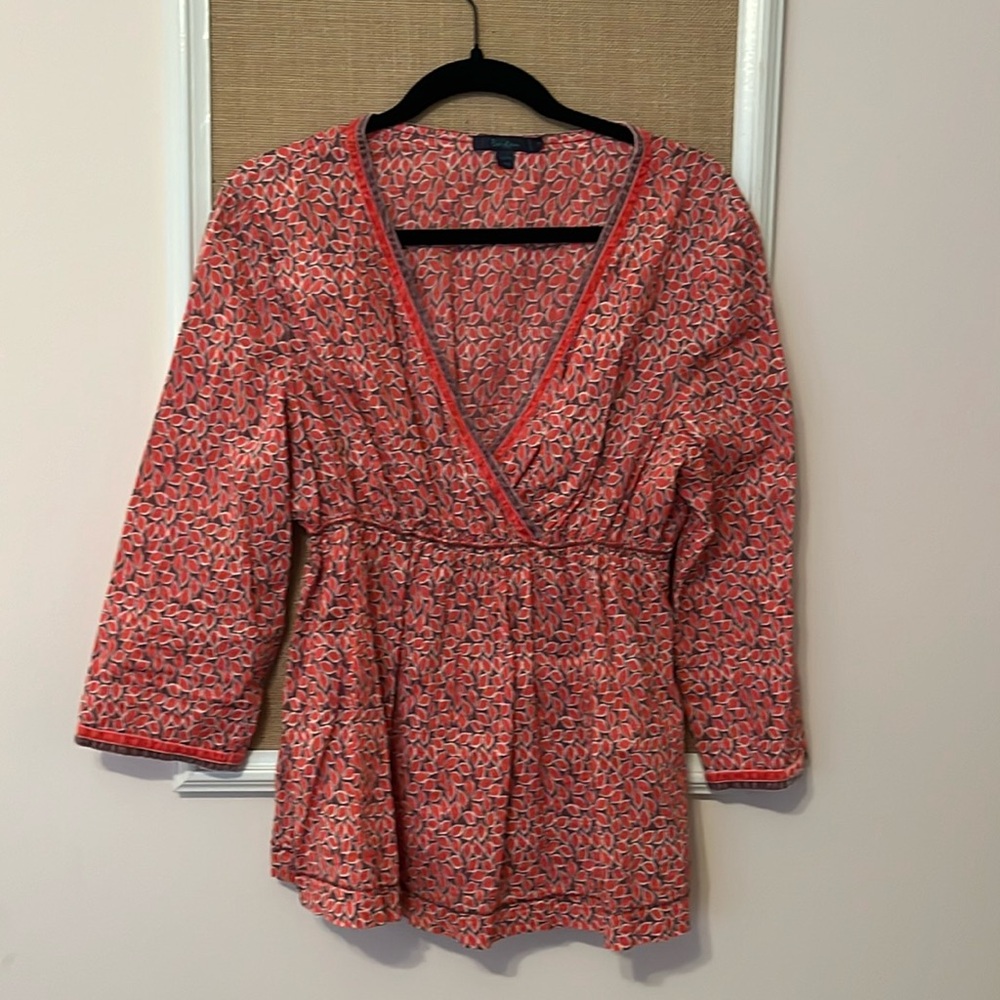 Boden blouse. Purple and pink leaf pattern. Size UK 14.